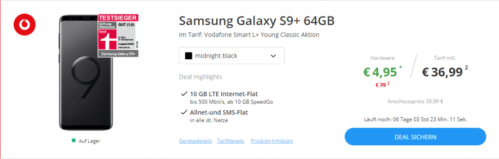 Samsung Galaxy S9+ 64GB im Top Tarif