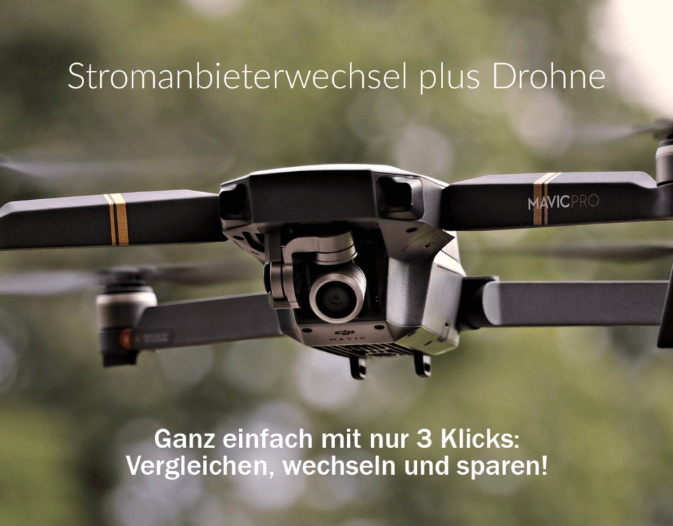 Drohne im Flug in der Luft, mit Schriftzug: Stromwechsel mit Drohne